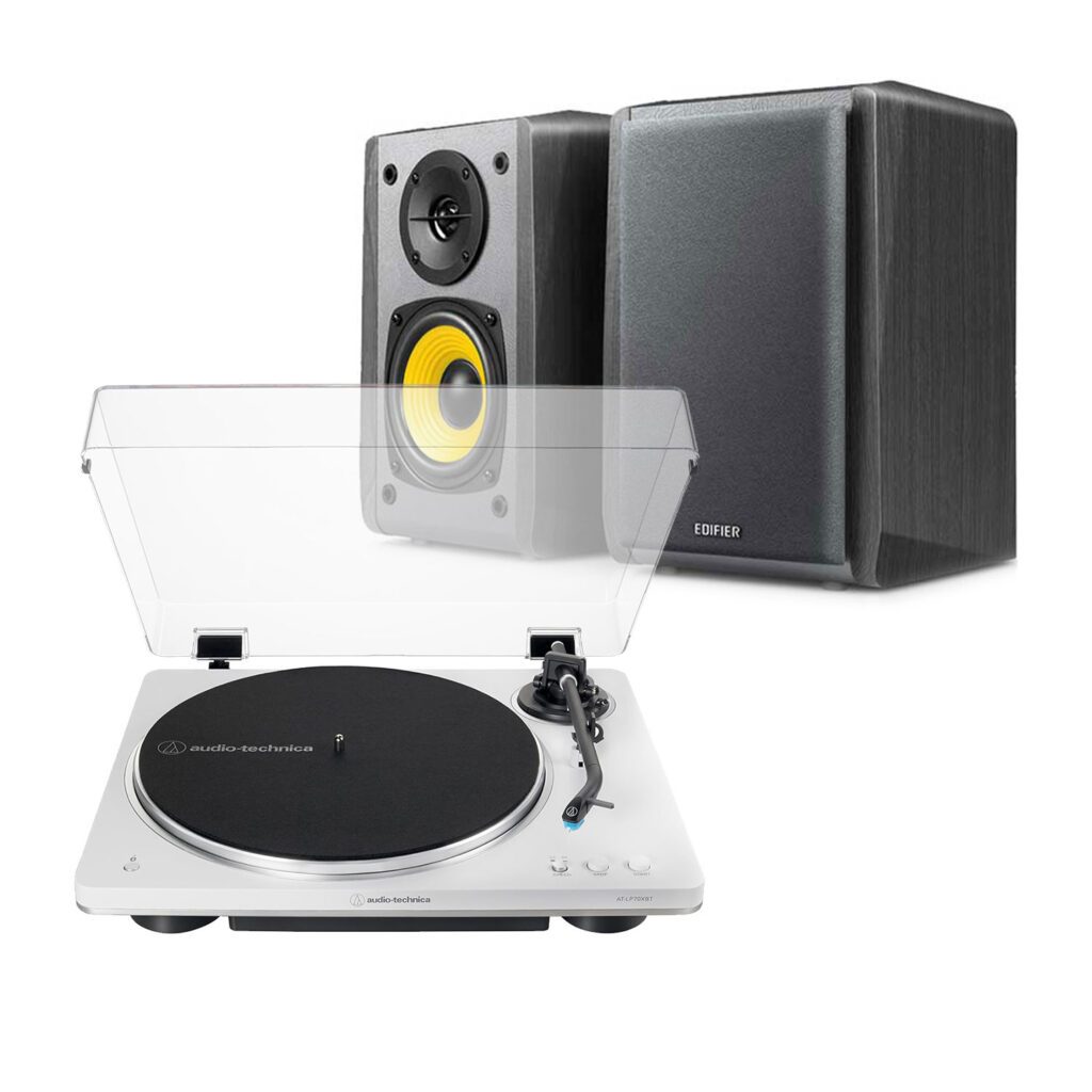 Audio-Technica AT-LP70XBT White Bluetooth Turntable + Edifier R1010BT Active Bluetooth Speakers - Black