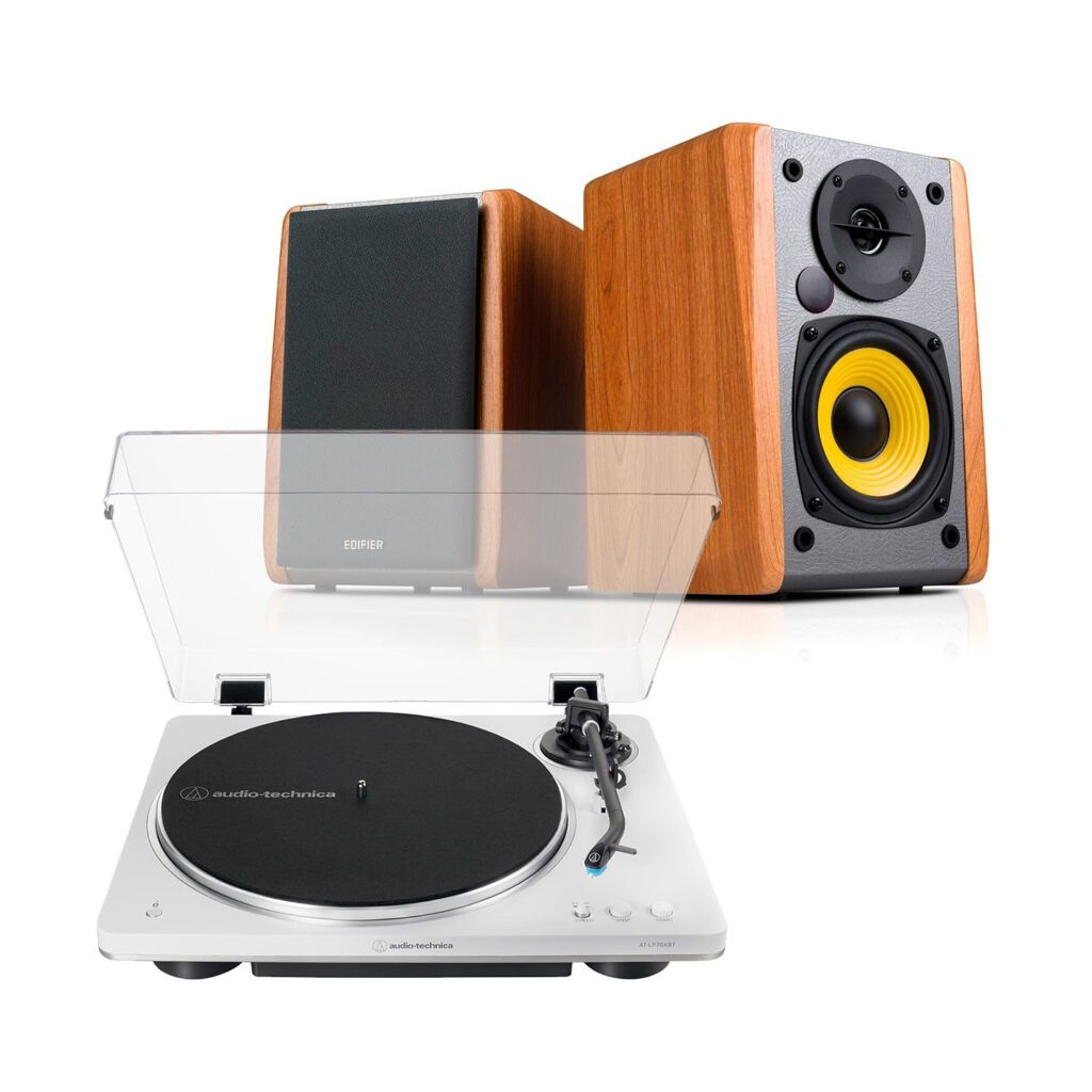 Audio-Technica AT-LP70XBT White Bluetooth Turntable + Edifier R1010BT Active Bluetooth Speakers - Brown
