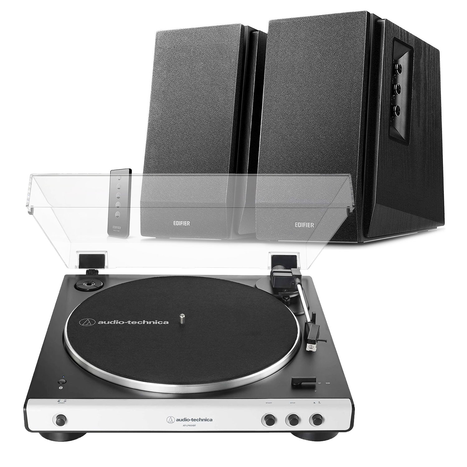 Audio-Technica LP60XBT White Bluetooth Turntable + Edifier R1700BT Active Bluetooth Speakers - Black