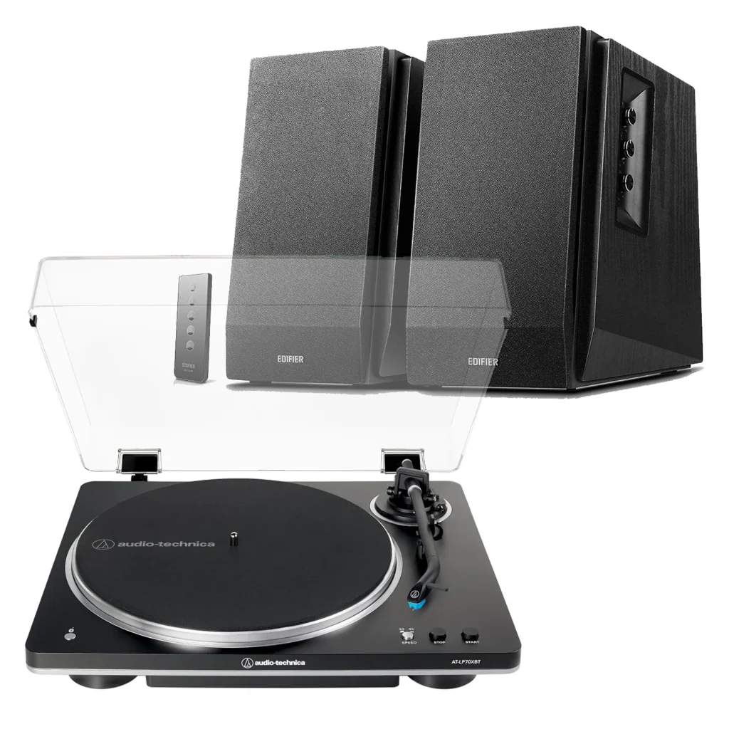Audio-Technica AT-LP70XBT Bluetooth Black Turntable + Edifier R1700BT Active Bluetooth Speakers