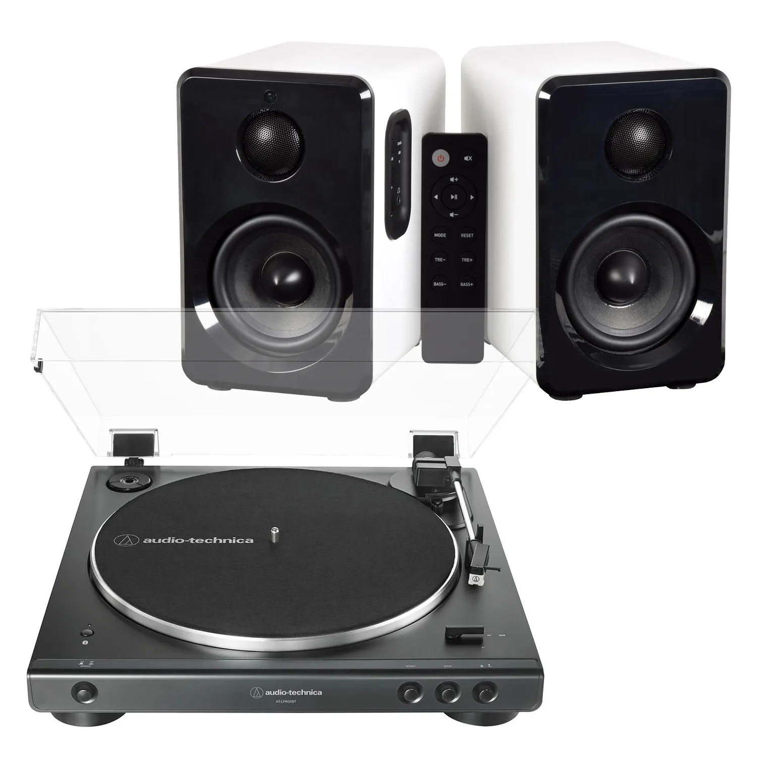 Audio-Technica LP60XBT Bluetooth Turntable + AV:LINK Active Bluetooth Speakers - White
